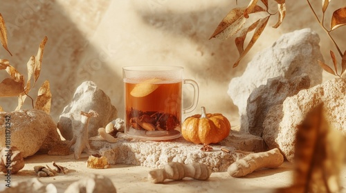 Realistic studio product photography of warm spices, pumpkin chai tea, small pumpkin, ginger, and tonka bean with a cream badkground. Use textured rock or stone to create tiered height levels with the