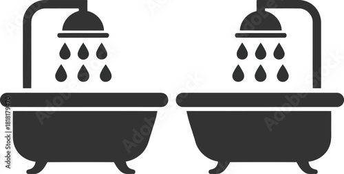 Clean modern vector icon of two bathtubs with showers water droplets flowing down simple bathroom design element vector