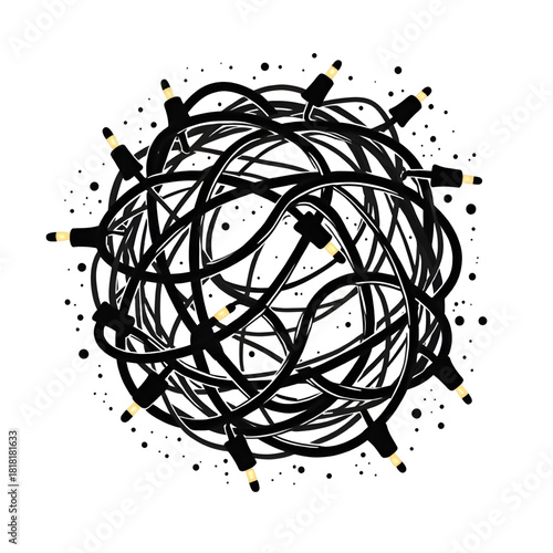 Entangled Wires: An intricate arrangement of electrical wires forms a complex knot, symbolizing the interwoven nature of modern technology and its potential for both connection and complication.
