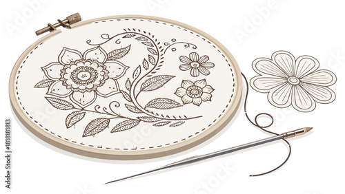 Delicate embroidery hoop art featuring floral design with needle and thread, perfect for crafting projects, DIY enthusiasts, textile art and hobby concepts