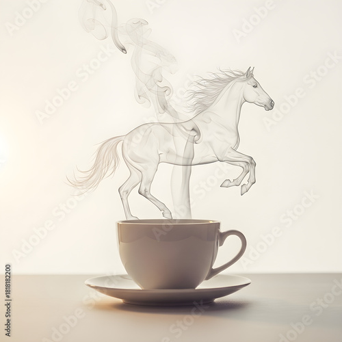 Smoke horse emerging from coffee cup on minimalist background  