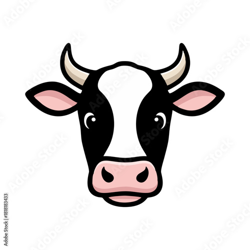 Cow stares directly at the viewer with a curious expression, its black and white markings prominent against a plain white backdrop, creating a simple and engaging image.