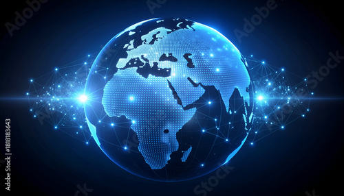 Blue tech-style Earth illustration composed of luminous pixels and connections, visualizing global data flow.