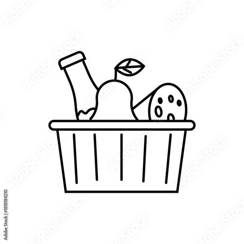 A grocery cart icon, side view, in doodle style. Black and white vector illustration. Suitable for use in mobile apps and websites.