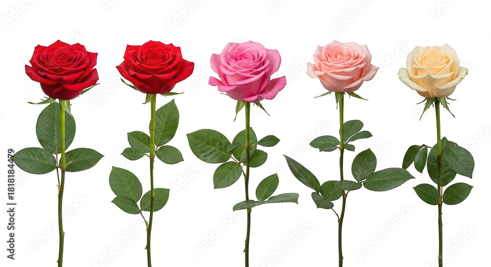 Naklejka premium Five Colorful Roses Isolated On Black Red Pink Peach Cream