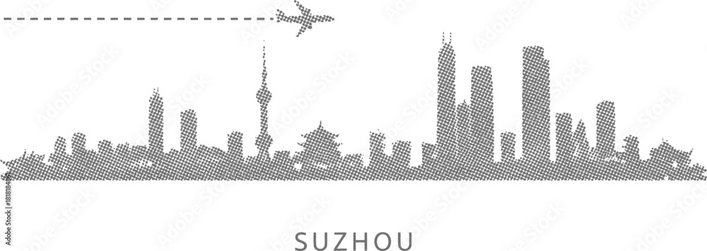 Obraz premium Suzhou Skyline with Airplane and Dash Line