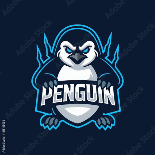 Penguin mascot poses aggressively with glowing blue eyes and sharp claws against a dark blue backdrop, exuding a fierce and powerful vibe.
