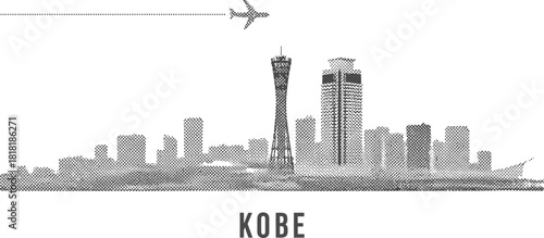 Kobe Skyline Silhouette with Airplane and Dots