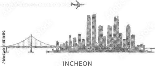 Incheon Skyline with Airplane and Bridge Halftone Illustration