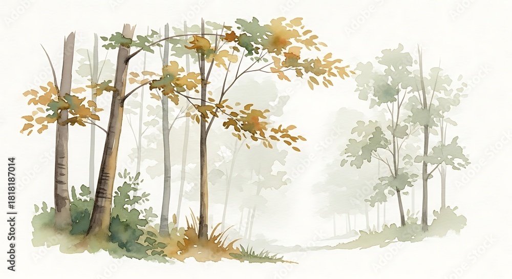 Fototapeta premium Watercolor woodland scenery, serene tree trunks and subtle autumn foliage