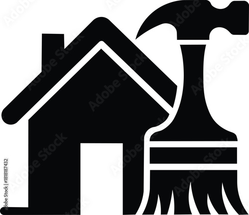 home improvement and renovation concept with house, hammer, and paintbrush tools for construction and diy projects