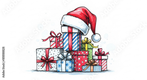 Festive hand-drawn Christmas gifts with Santa hat, perfect for holiday greetings and seasonal promotions, conveying warmth, joy, and the spirit of giving