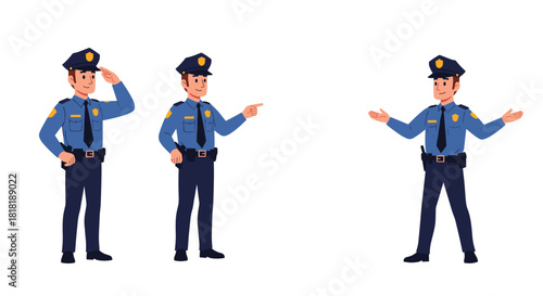 Collection of three cartoon police officers in uniform showcasing different poses and gestures with professionalism.
