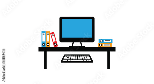 Simple illustration of a functional computer desk complete with a monitor keyboard and colorful file binders for organization.
