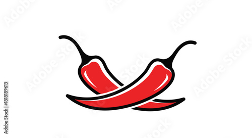 Two vibrant red chili peppers, elegantly crossed and outlined in black, symbolizing spice and culinary heat on a white background.