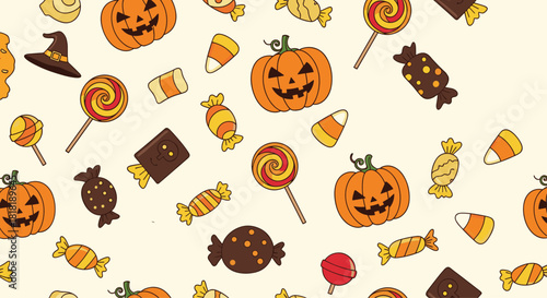 Delicious seamless pattern of cheerful Halloween candy treats and smiling jack-o'-lantern pumpkins on a light background.