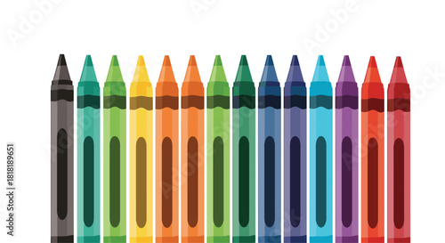 Vibrant horizontal row of colorful crayons arranged in a beautiful rainbow spectrum for art and education.
