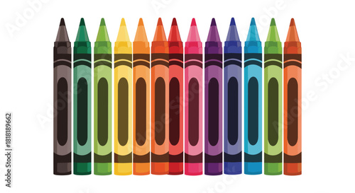 Bright horizontal arrangement of diverse colorful crayons showcasing a full spectrum of artistic shades.