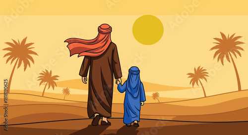 Father and child walking through desert landscape at sunset together
