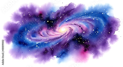 Vibrant watercolor swirl of a distant galaxy with stars