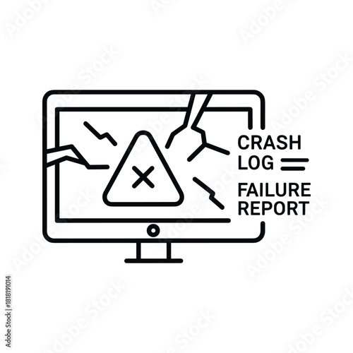 Desktop computer screen with cracks and a warning symbol indicating a system crash, isolated on