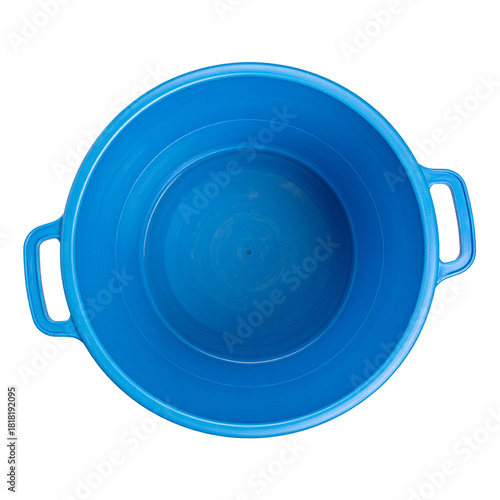 Blue Plastic Bucket: A top-down perspective showcases a vibrant blue plastic bucket, emphasizing its clean lines and practical design, perfect for various household and industrial applications.