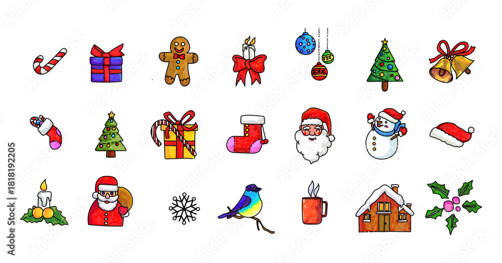 Fototapeta premium Christmas Icon Set Vector Art Illustration for Festive Holiday Decorations, Gifts, Winter Elements, and Seasonal Graphic Designs