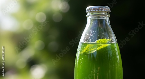 Refreshing green drink in glass bottle with mint against blurred nature
