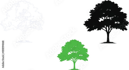 three trees, each presented in distinct styles and colors, contributing to a diverse visual representation of nature.