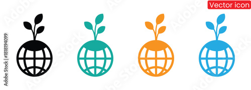 Promote ecological balance with sprouting globe icons set,global environment icon set. environmentally friendly and eco symbols. sprout with leaves and earth globe.