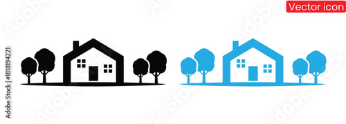 Simple house icons with trees in black and blue color schemes,Home icon set. Containing house, Home button icons set. Home page icon. Simple house symbols. Building icon. Vector illustration.