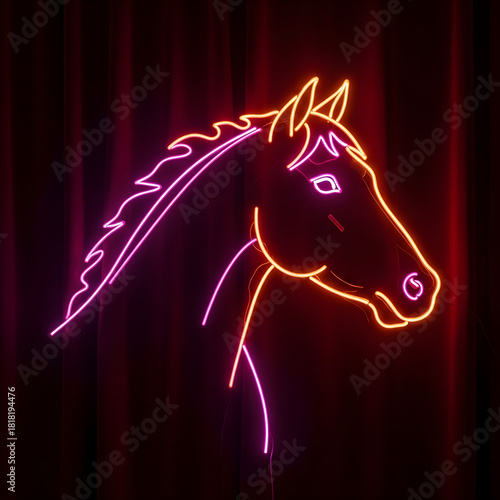 Neon horse silhouette on dark velvet background  