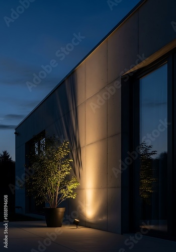 Subtle Illumination of Urban Greenery Beside Modern Architectural Structure