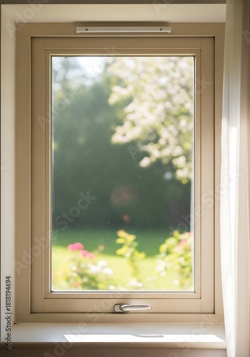 Sunlit Garden View Framed by an Open Window with Neutral Tones