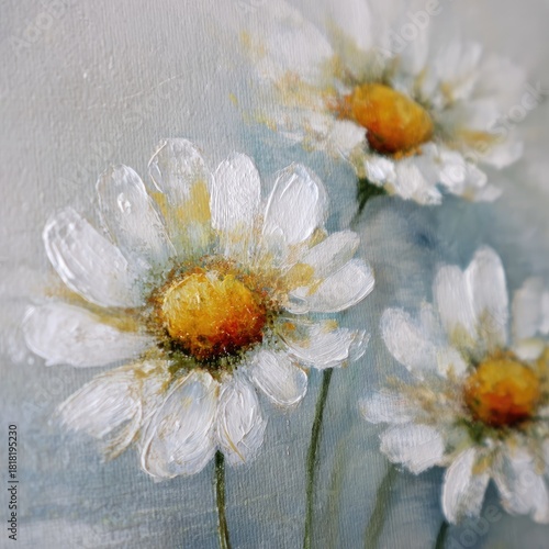 Textured oil painting of white daisies with yellow centers on a light blue background.