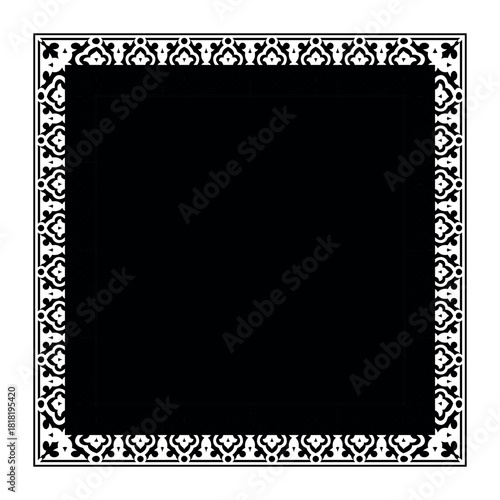 Black and white square frame with a detailed, repeating ornamental pattern. The elegant, stylized motifs create a classic and decorative border, perfect for formal designs.