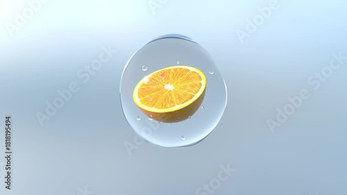 Half Orange Inside Clear Water Droplet Floating in the Air on Light Blue Background

