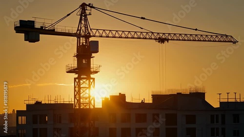 Cinematic wide shot of a construction crane at sunset with warm golden hour lighting and subtle movement, industrial skyline silhouette and calm corporate atmosphere.