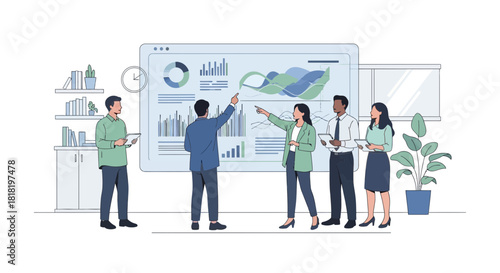 Team analyzing data on a large screen, discussing charts and graphs in a collaborative environment