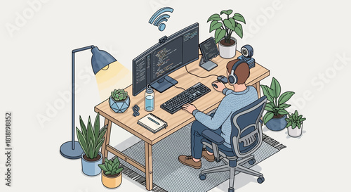 Isometric vector illustration of a male developer working remotely from a modern home office with plants