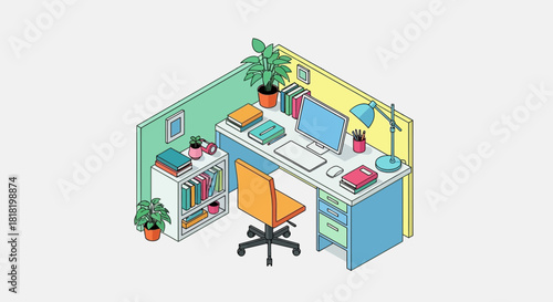 Vector illustration of a modern office cubicle workspace with a computer desk, chair, and plants in an isometric view
