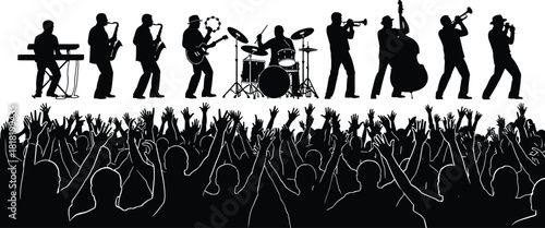 Live music band and energetic concert crowd silhouette with raised hands in celebration, jazz musicians performance vector illustration, festival show fans.