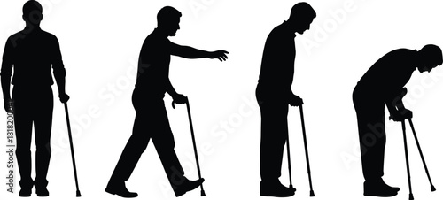 Silhouette cane walking sequence, aging posture, black vector art, human mobility decline, medical illustration, elderly figure, stock design