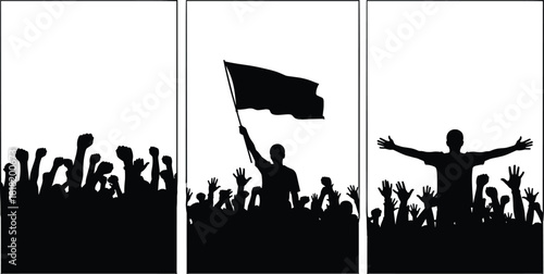 Protest demonstration crowd silhouette with raised fists and flag, political revolution or social justice activist movement vector concept.