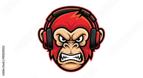 Cartoon illustration of a red monkey with an angry expression wearing headphones.
