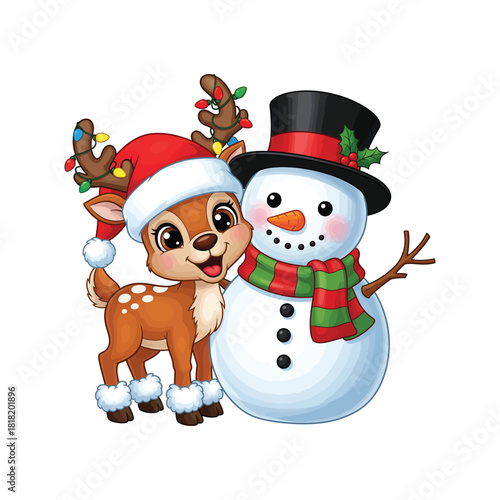 Cute cartoon reindeer and snowman with festive lights 