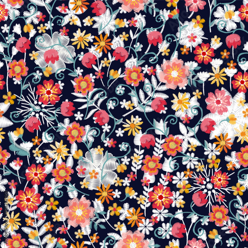Multilayered seamless embroidery pattern with beautiful flowers.