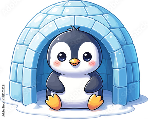 Cute cartoon penguin sitting inside an igloo