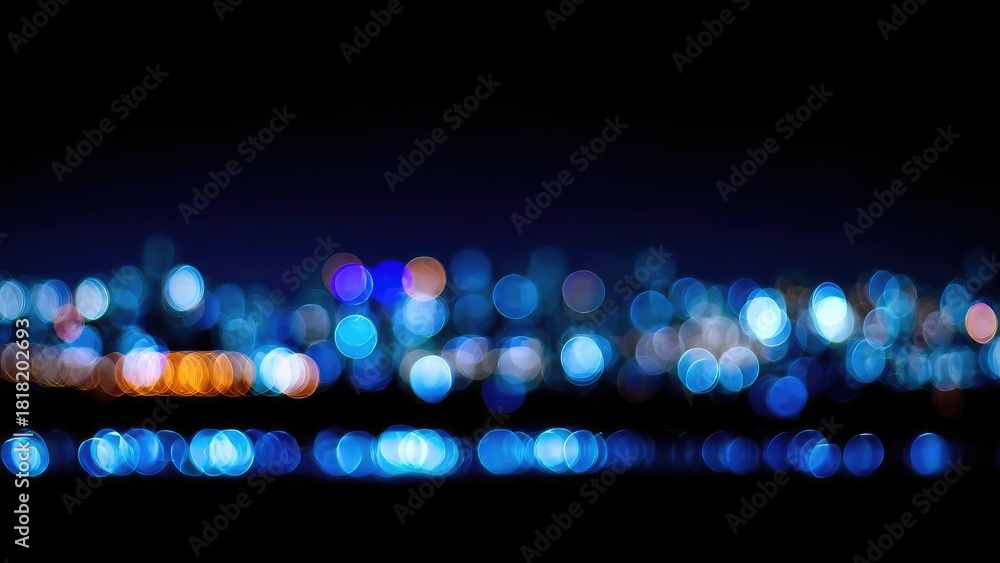 Fototapeta premium Blue and orange bokeh city lights at night over a dark water horizon. Concept Blue and orange bokeh, Night city lights, Water horizon, Dark water, Night photography