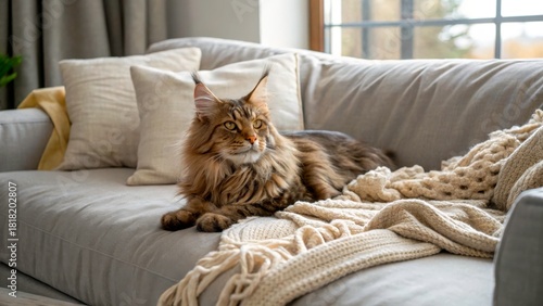 Maine Coon cat relaxing on a cozy couch with decorative pillows and a knitted blanket in a bright living room